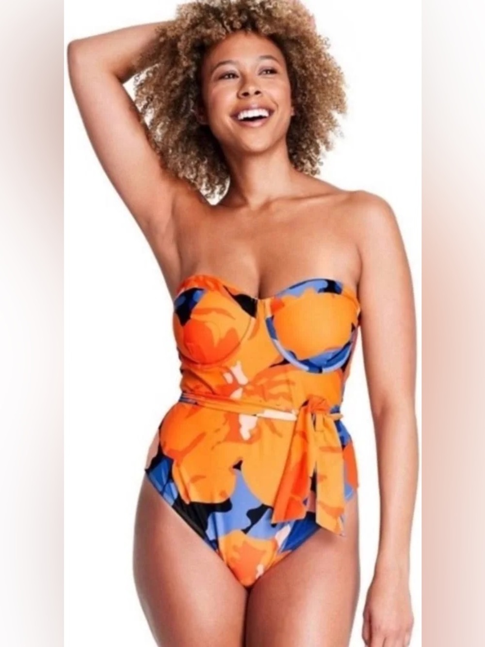 Strapless Tie-Front One-Piece Swimsuit - Orange Multi